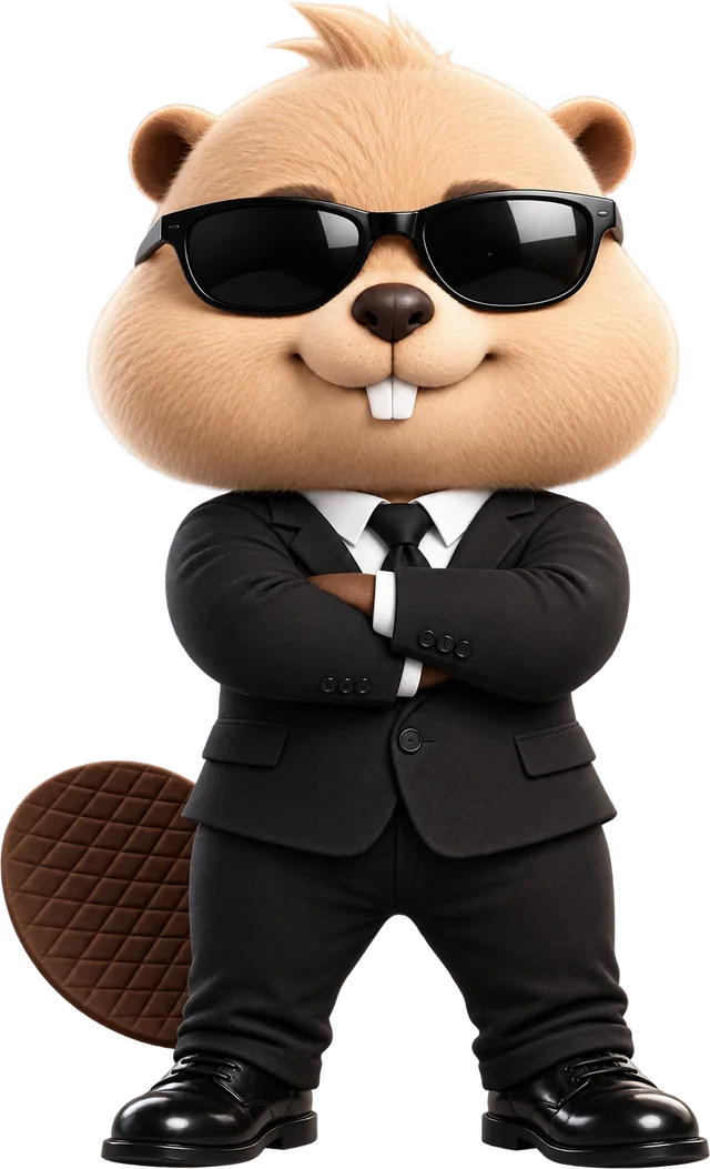 The Eager Beav mascot, a beaver in a suit and sunglasses