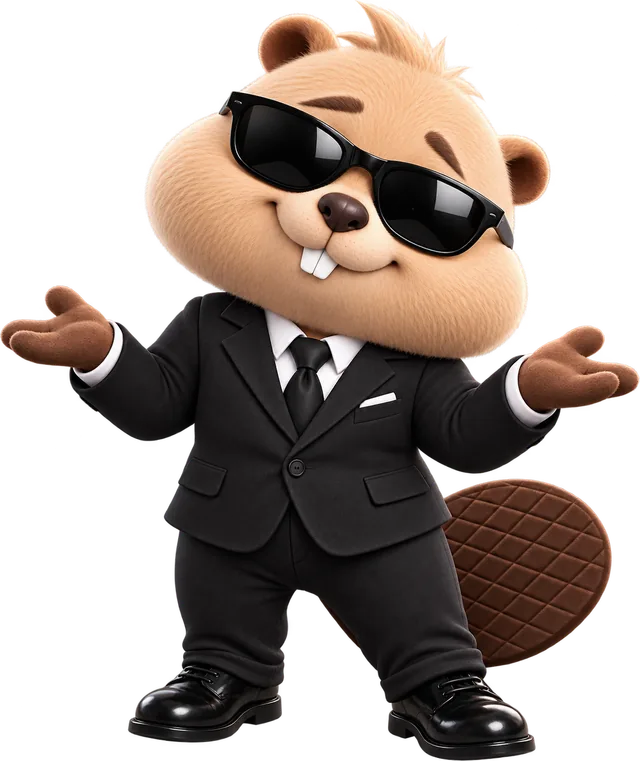 The Eager Beav mascot, a beaver in a suit and sunglasses