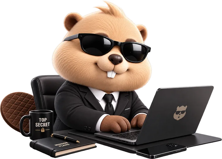 The Eager Beav mascot, a beaver in a suit and sunglasses